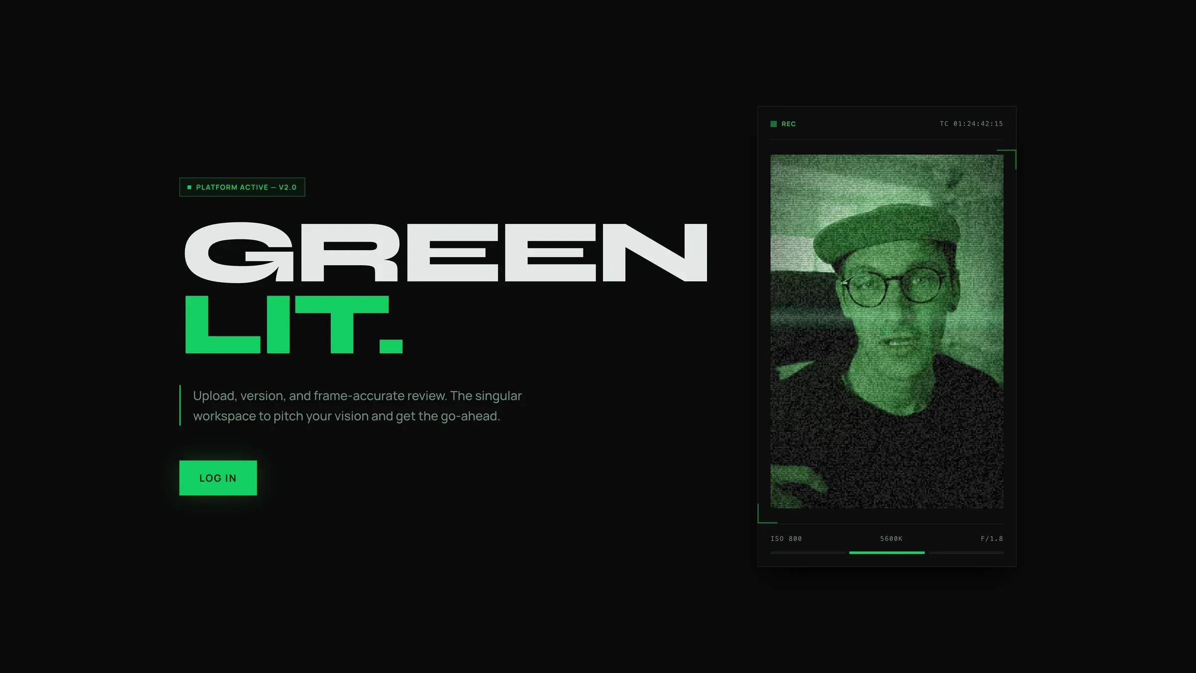Greenlit sign-in page: the Greenlit wordmark beside a camera-style video preview