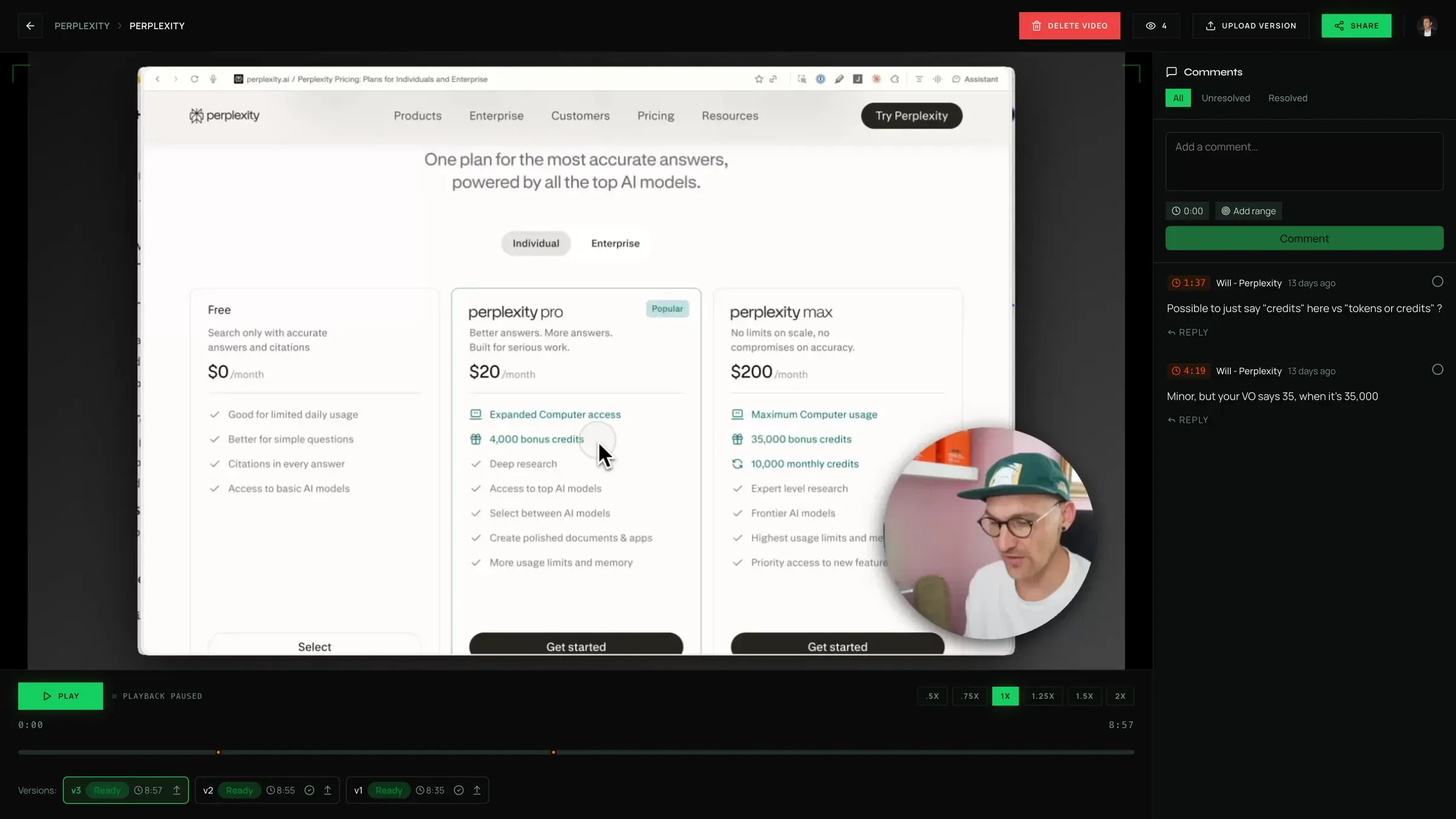 Greenlit review screen with the video player, timestamped comments and version history