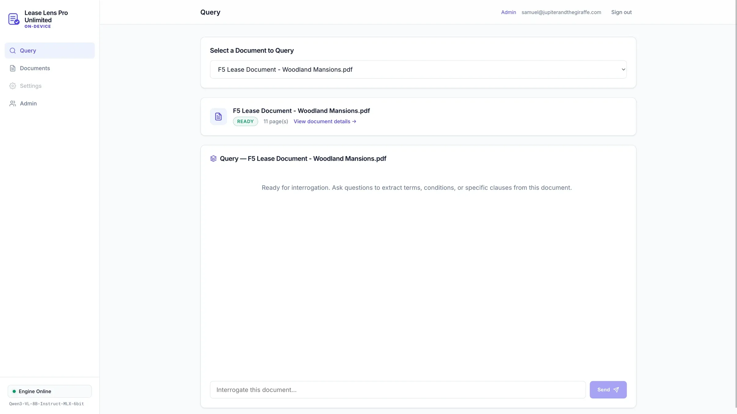 Lease Lens Pro query screen with a lease selected and ready for questions