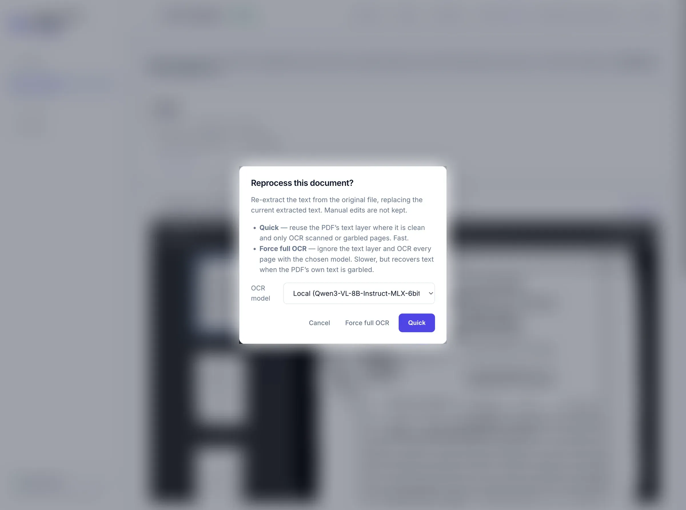 Lease Lens Pro reprocess dialog offering quick or full OCR with a local model